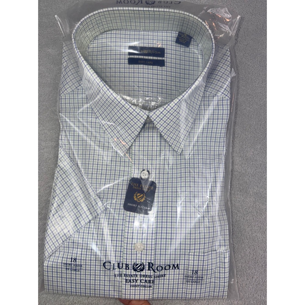 Club Room‎ Mens XXL 18 Estate Dress Shirt Short Sleeve Blue Green Check NWT